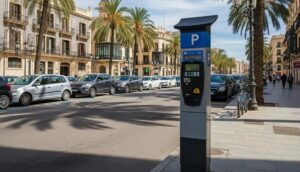 Plazas de zona azul en una calle de València durante las Fallas 2026.