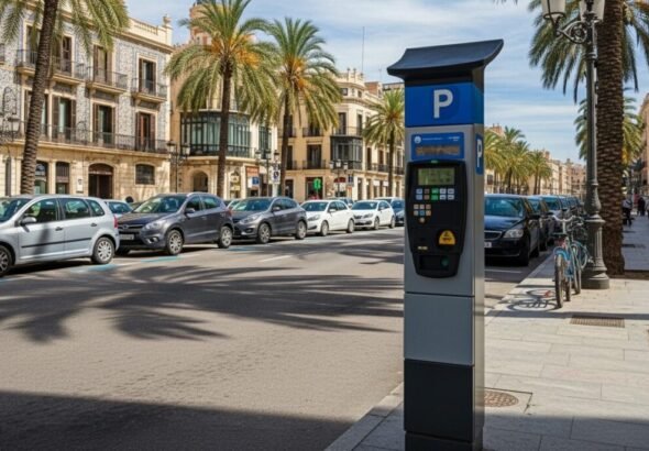 Plazas de zona azul en una calle de València durante las Fallas 2026.