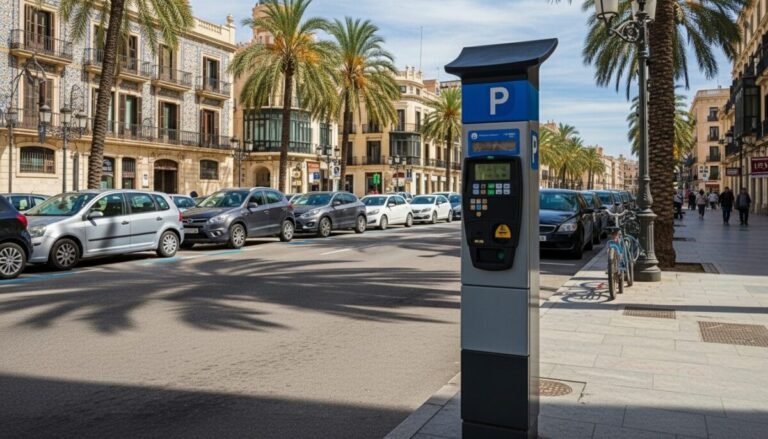 Plazas de zona azul en una calle de València durante las Fallas 2026.