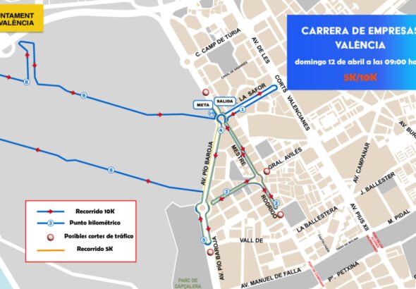 Mapa de cortes de tráfico en Valencia por la carrera de empresas.
