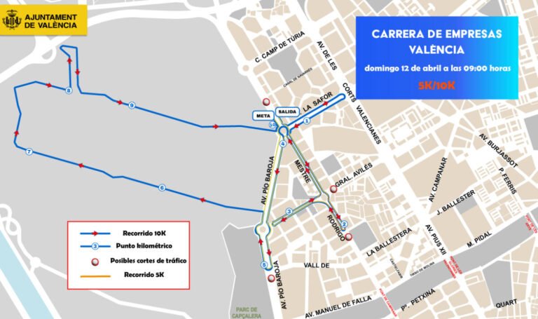 Cortes de tráfico en Campanar: guía para sobrevivir a la Carrera de Empresas este domingo Mapa de cortes de tráfico en Valencia por la carrera de empresas.