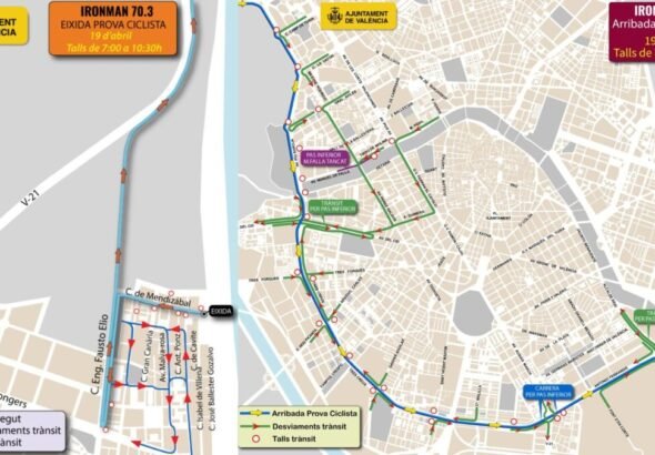 Mapa de cortes de tráfico por el IRONMAN 70.3 de Valencia este fin de semana.
