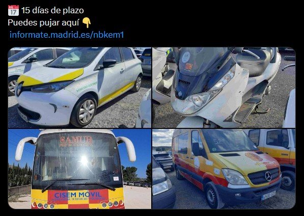 Imagen del post en X del Ayuntamiento de Madrid sobre la subasta de sus vehículos