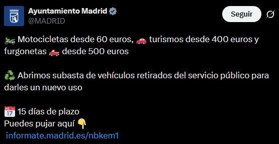 Madrid subasta su flota de vehículos desde 60€ Imagen del post del ayuntamiento de madrid en x
