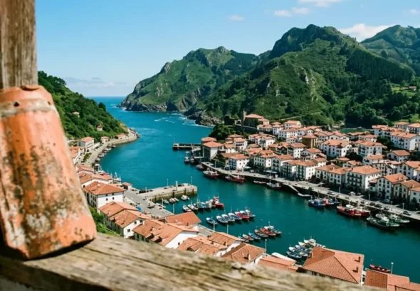 Vista aérea soleada de Pasaia en el País Vasco, con sus casas junto al agua y montañas verdes al fondo, representando unas zonas tensionadas.