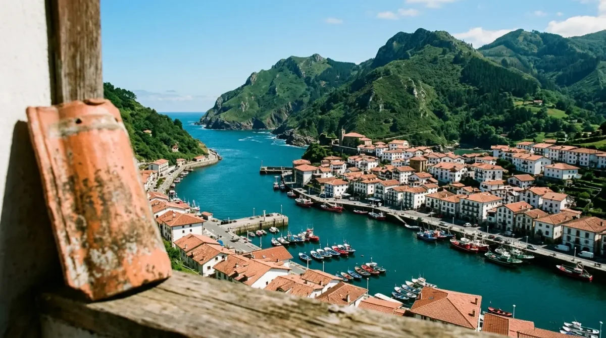 Vista aérea soleada de Pasaia en el País Vasco, con sus casas junto al agua y montañas verdes al fondo, representando unas zonas tensionadas.