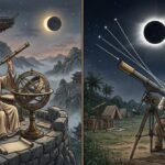 Ilustración que conecta la observación antigua de eclipses solares con la ciencia moderna.