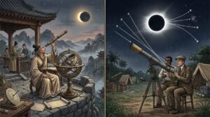 Ilustración que conecta la observación antigua de eclipses solares con la ciencia moderna.