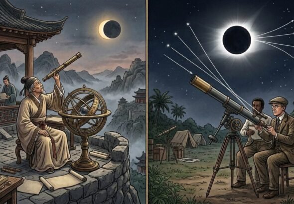 Del castigo a los astrónomos a la gloria de Einstein: historia de los eclipses solares Ilustración que conecta la observación antigua de eclipses solares con la ciencia moderna.