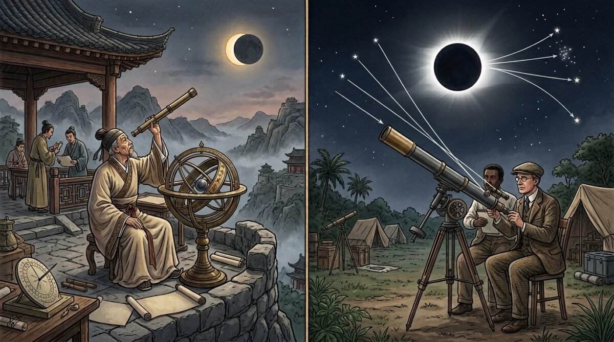 Del castigo a los astrónomos a la gloria de Einstein: historia de los eclipses solares Ilustración que conecta la observación antigua de eclipses solares con la ciencia moderna.
