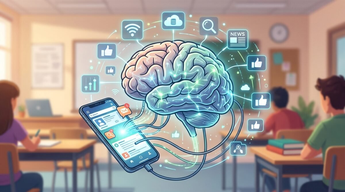 Ilustración sobre el impacto de la tecnología en el cerebro de la generación Z.