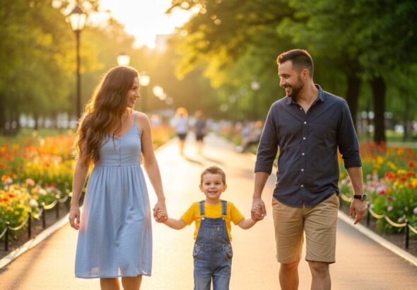 Una familia en Valencia con hijo disfrutando de las deducciones por hijo en la renta.