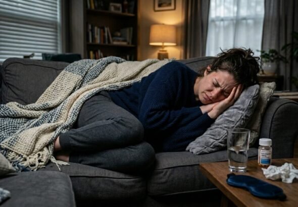 Contaminación atmosférica en la ciudad afectando a una persona con migraña.