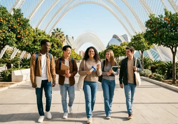 Estudiantes universitarios premiados por excelencia académica con las becas GV-Talent caminando por Valencia.