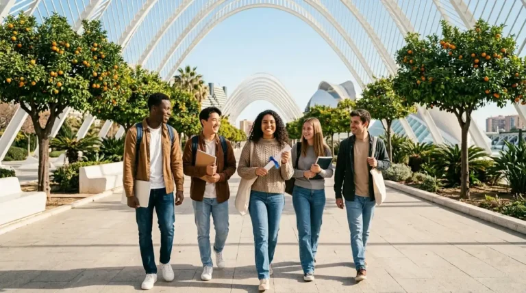 Estudiantes universitarios premiados por excelencia académica con las becas GV-Talent caminando por Valencia.