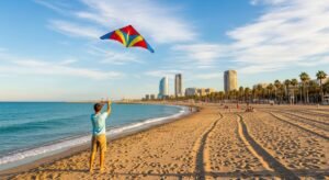 Una persona volando una cometa en el Festival de Cometas de Valencia. Recreación digital artística.