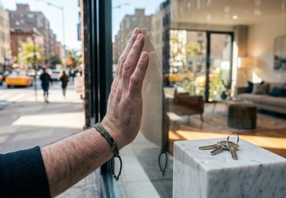 Primer plano de una mano presionando un cristal grueso que la separa de unas llaves de casa inalcanzables, simbolizando la barrera al acceso a la vivienda y la hipoteca.
