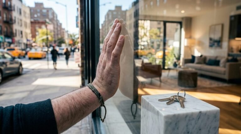 La paradoja de pagar 1000€ de alquiler y que te nieguen 500€ de hipoteca Primer plano de una mano presionando un cristal grueso que la separa de unas llaves de casa inalcanzables, simbolizando la barrera al acceso a la vivienda y la hipoteca.