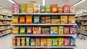 Imagen de una estanteria de un supermercado con alimentos ultra procesados