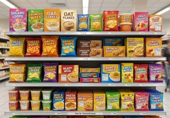 Imagen de una estanteria de un supermercado con alimentos ultra procesados