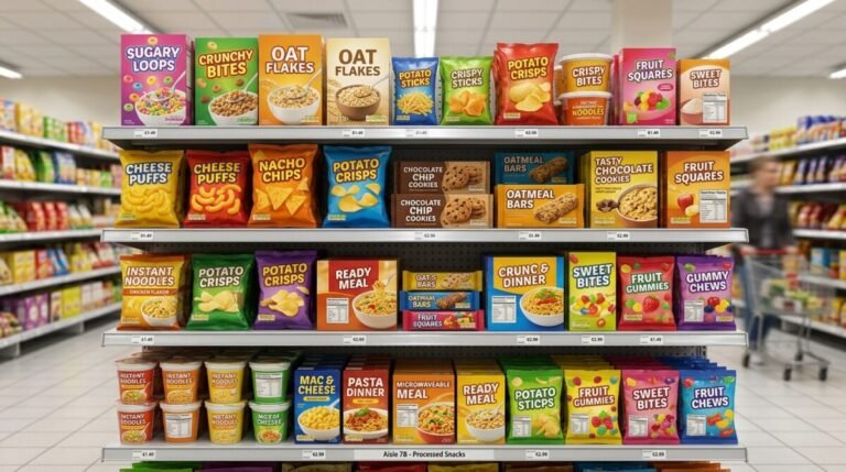 Imagen de una estanteria de un supermercado con alimentos ultra procesados