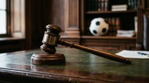 El Supremo tumba el recurso de LaLiga contra el Real Madrid y el Barcelona por la exclusión de sus votos Imagen que muestra la maza de un juez y un balón de fútbol en una recreación digital sobre el recurso de LaLiga en el Supremo con el Real Madrid y el FC Barcelona