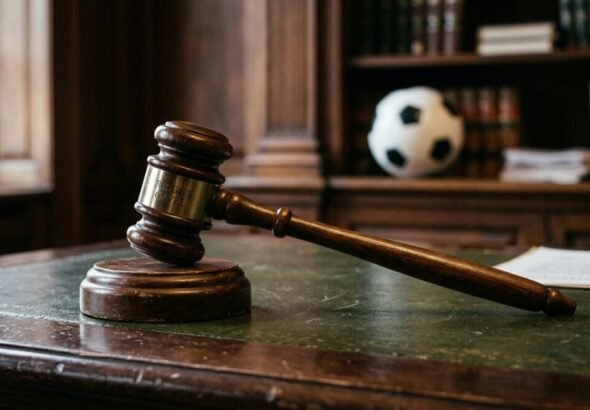 El Supremo tumba el recurso de LaLiga contra el Real Madrid y el Barcelona por la exclusión de sus votos Imagen que muestra la maza de un juez y un balón de fútbol en una recreación digital sobre el recurso de LaLiga en el Supremo con el Real Madrid y el FC Barcelona