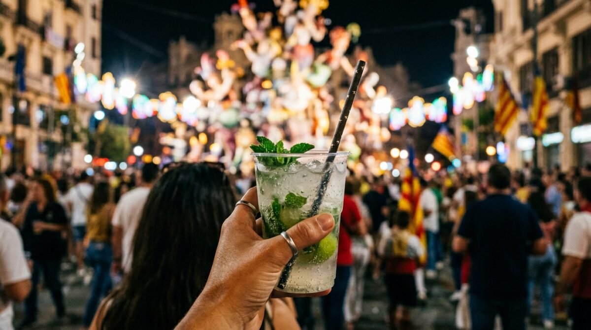 Imagen de un mojito servido en un vaso de plástico en las fallas de Valencia.