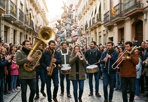 Una banda de música tocando en la calle de Valencia en Fallas.