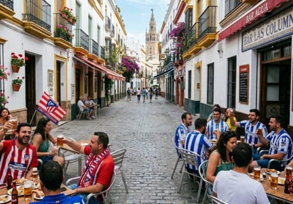 Aficionados de la Real Sociedad y del Atlético de Madrid antes de la final de la Copa del Rey en el Estadios de la Cartuja.