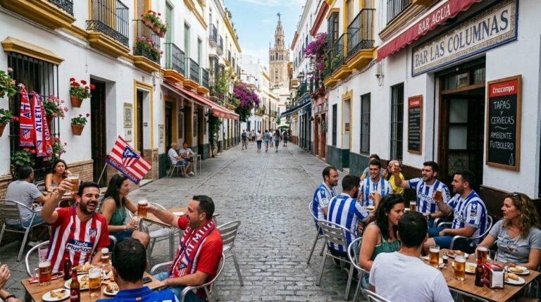 Aficionados de la Real Sociedad y del Atlético de Madrid antes de la final de la Copa del Rey en el Estadios de la Cartuja.
