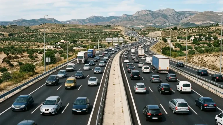 Imagen de una carretera de España llena de coches en el operativo DGT