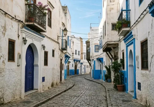 Imagen de una calle de Tánger con casa blancas