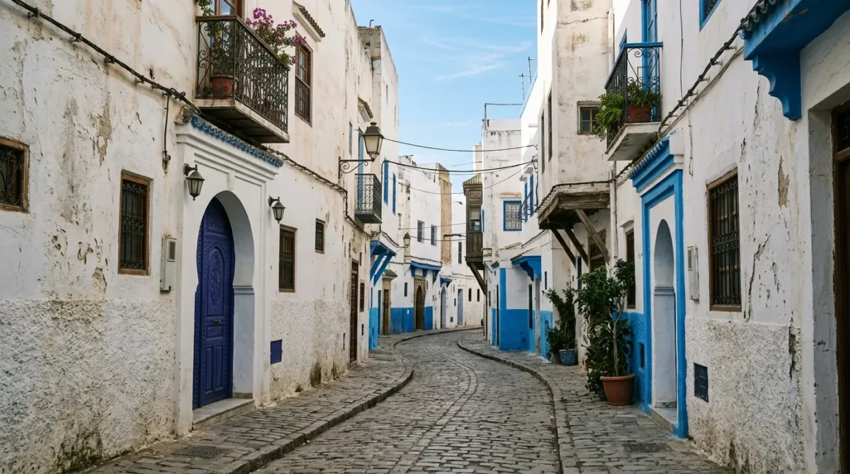 Imagen de una calle de Tánger con casa blancas