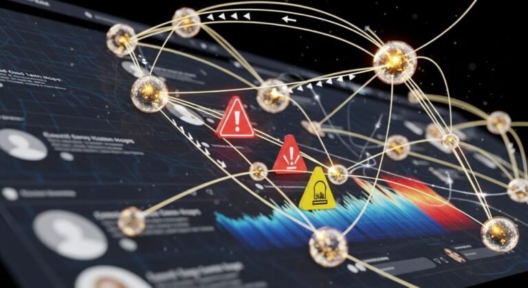 Interfaz de inteligencia artificial analizando mensajes de redes sociales durante una emergencia, estudiando como trabajan la ia y emergencias.