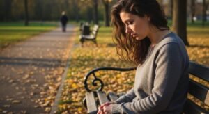 El devastador vínculo entre trauma infantil y salud mental que la ciencia acaba de destapar Una mujer con trauma infantil sentada en un banco de un parque.