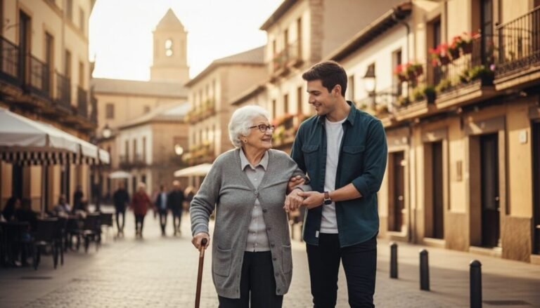Adiós al requisito de los seis meses: así cambia la atención a enfermos crónicos en España Una persona ayudando a una persona mayor en una calle
