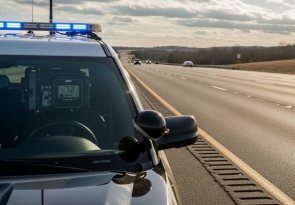 Imagen de un coche de la autoridad en un control de velocidad en carretera.