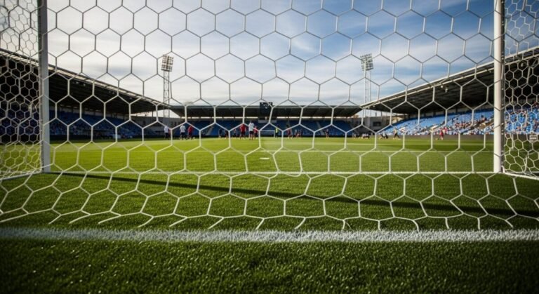 Imagen de un campo de fútbol visto desde la parte trasera de la portería.
