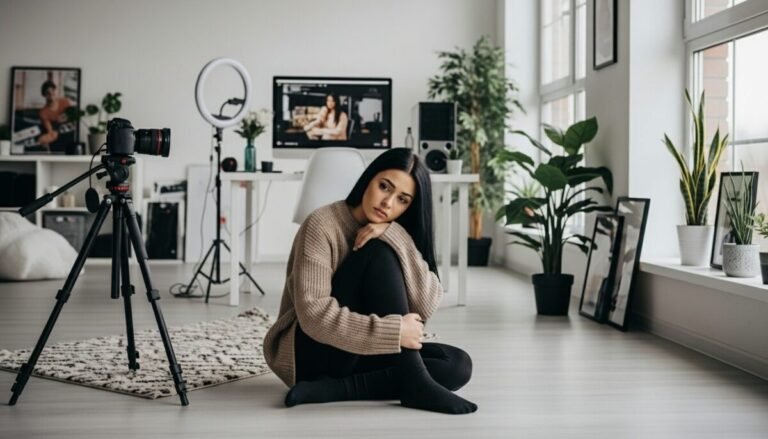 Salud mental e 'influencers': España analizará los riesgos de los creadores de contenido Persona frente a un equipo de grabación mostrando signos de agotamiento en su salud mental.