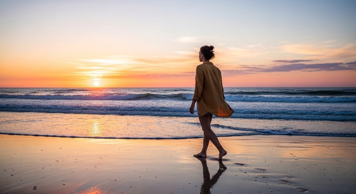 chica paseando por la playa con una chaqueta de color mostaza cuello mao y cirre de alamares