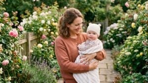 Una mamá con su bebé en un jardín lleno de flores y plantas de hoja verde.
