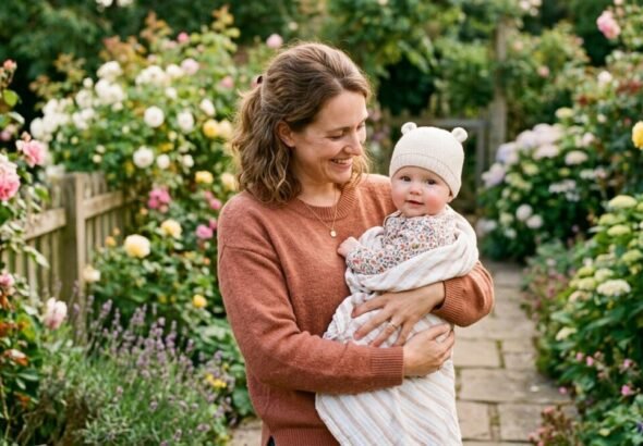 Una mamá con su bebé en un jardín lleno de flores y plantas de hoja verde.