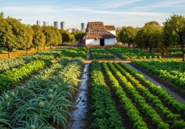 Recreacoión digital de una huerta de valencia sobre las ayudas a los agricultores de la huerta de València