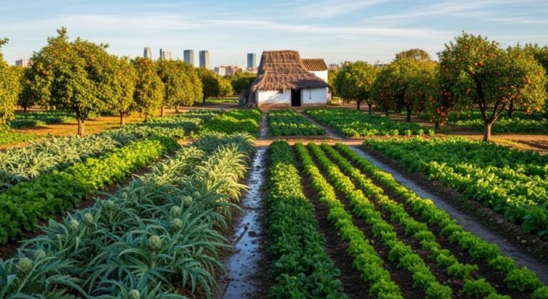 Recreacoión digital de una huerta de valencia sobre las ayudas a los agricultores de la huerta de València