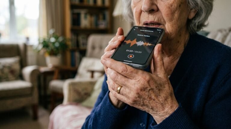Una IA logra detectar el Alzheimer analizando la forma de hablar de los pacientes Primer plano de una persona mayor sosteniendo un teléfono móvil cerca de la boca para grabar su voz, en un entorno doméstico desenfocado.