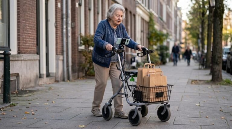 ¿Cómo un andador inteligente puede devolver la libertad de movimiento a los mayores? Una persona mayor con un andador inteligente yendo a la compra.