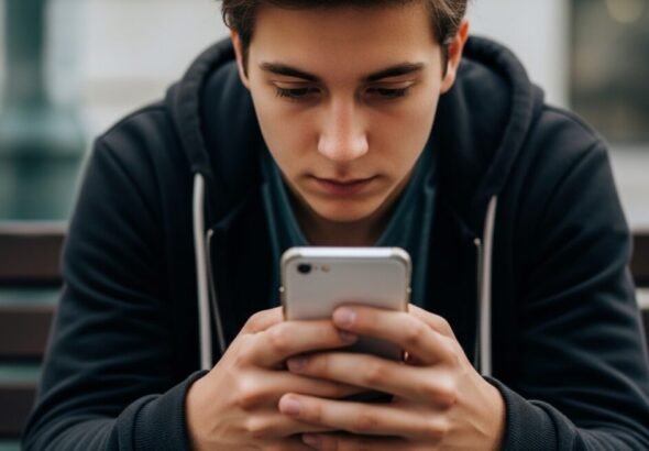 Una persona joven con su móvil mirando la pantalla sufriendo de ansiedad social