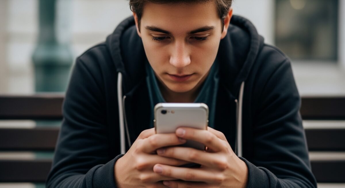 Una persona joven con su móvil mirando la pantalla sufriendo de ansiedad social