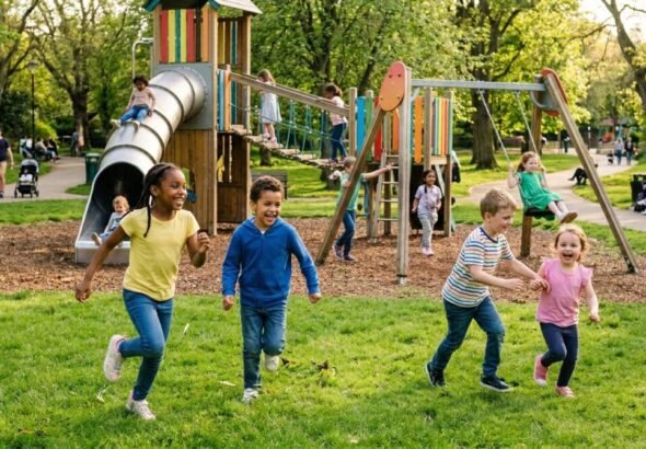 Niños jugando en el parque tras un estudio sobre el impacto de los antipsicóticos en niños.